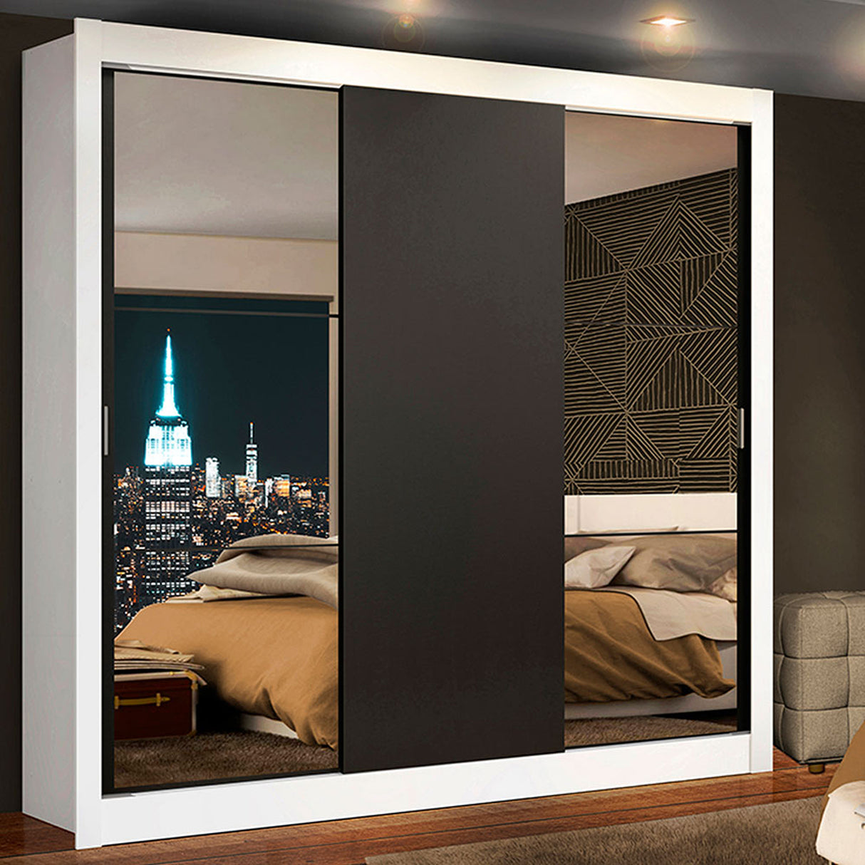 Closet Mônaco Blanco y Negro 210x25.7cm con Cuatro Entrepaños Tres Puertas y Con Espejo - CLOSETS | Bylmo