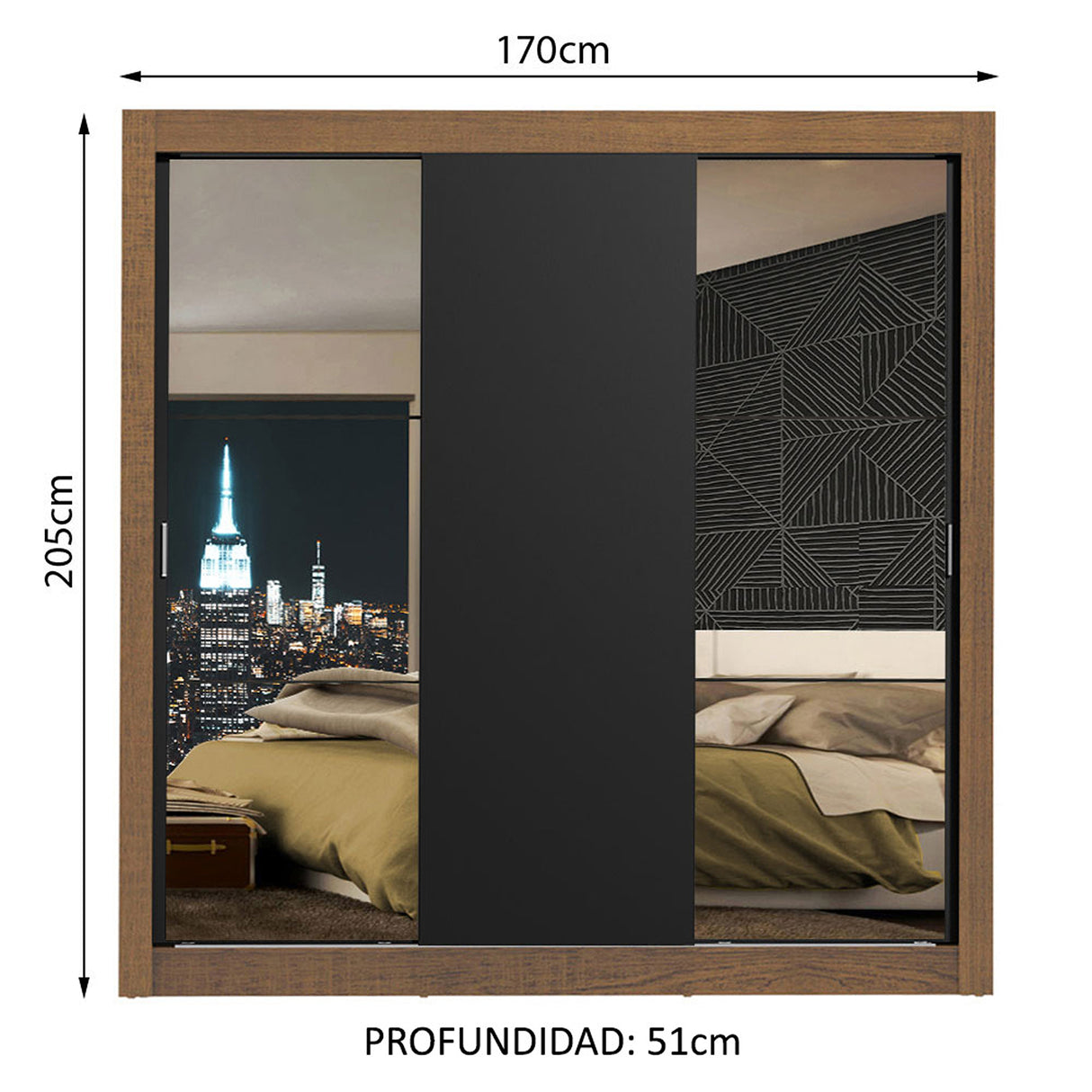 Closet Mônaco Marron y Negro 210x25.7cm con Cuatro Entrepaños Tres Puertas y Con Espejo - CLOSETS | Bylmo