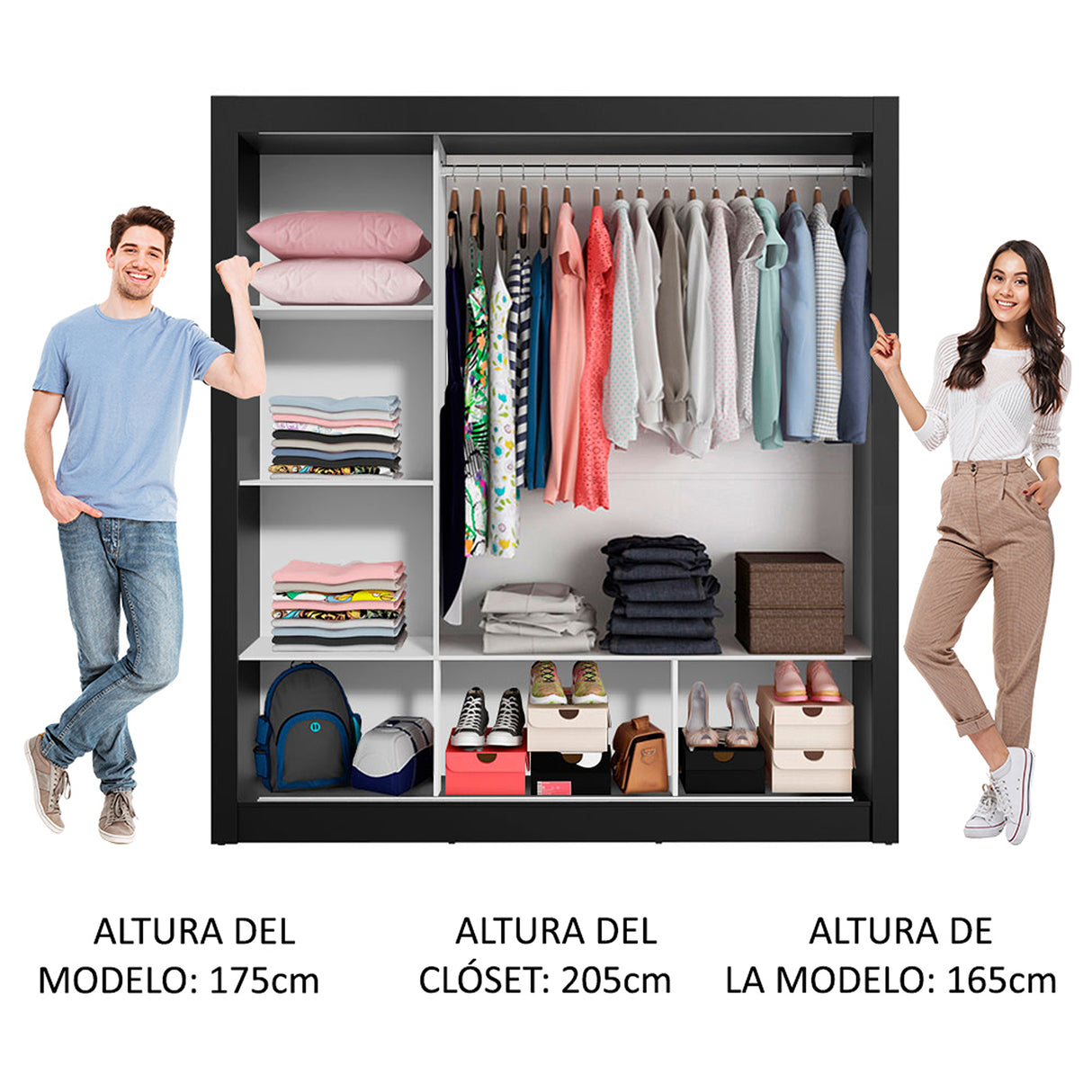 Closet Mônaco Negro 210x30cm con Cuatro Entrepaños Tres Puertas y Con Espejo - CLOSETS | Bylmo