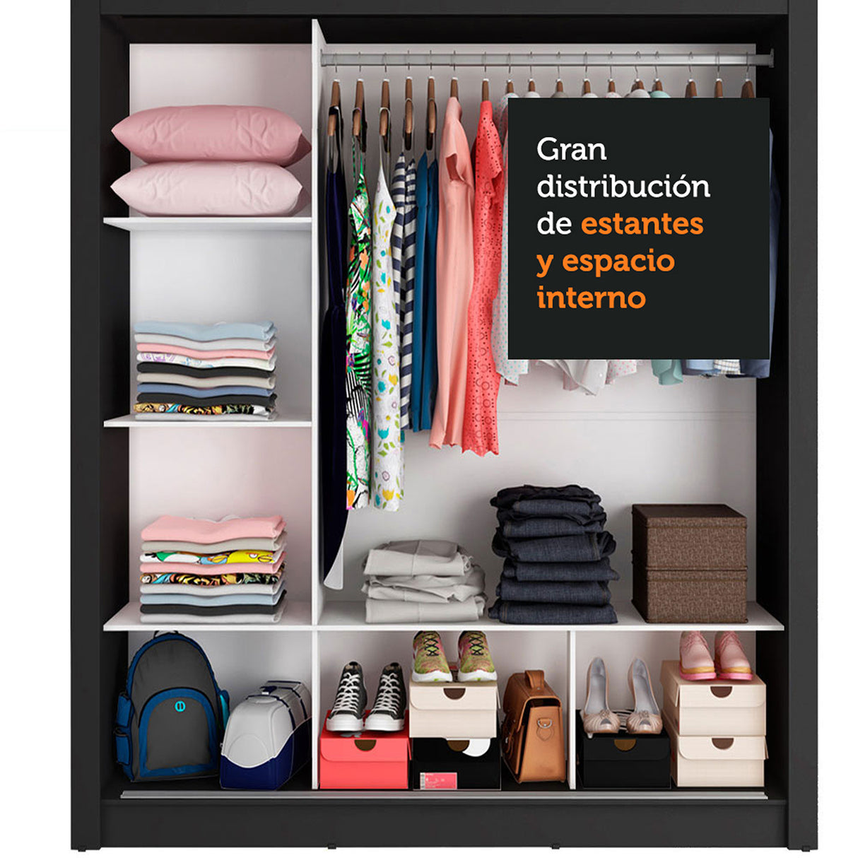 Closet Mônaco Negro 210x30cm con Cuatro Entrepaños Tres Puertas y Con Espejo - CLOSETS | Bylmo