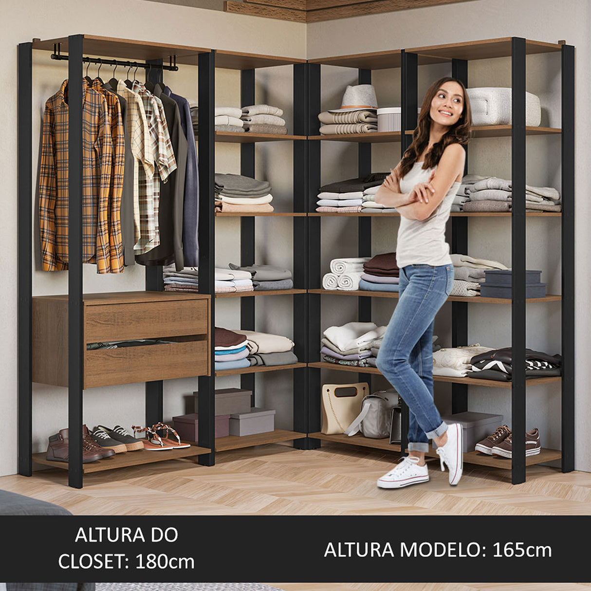 Closet Abierto Valencia Marron y Negro 337x180cm con Diez Entrepaños - CLOSETS | Bylmo