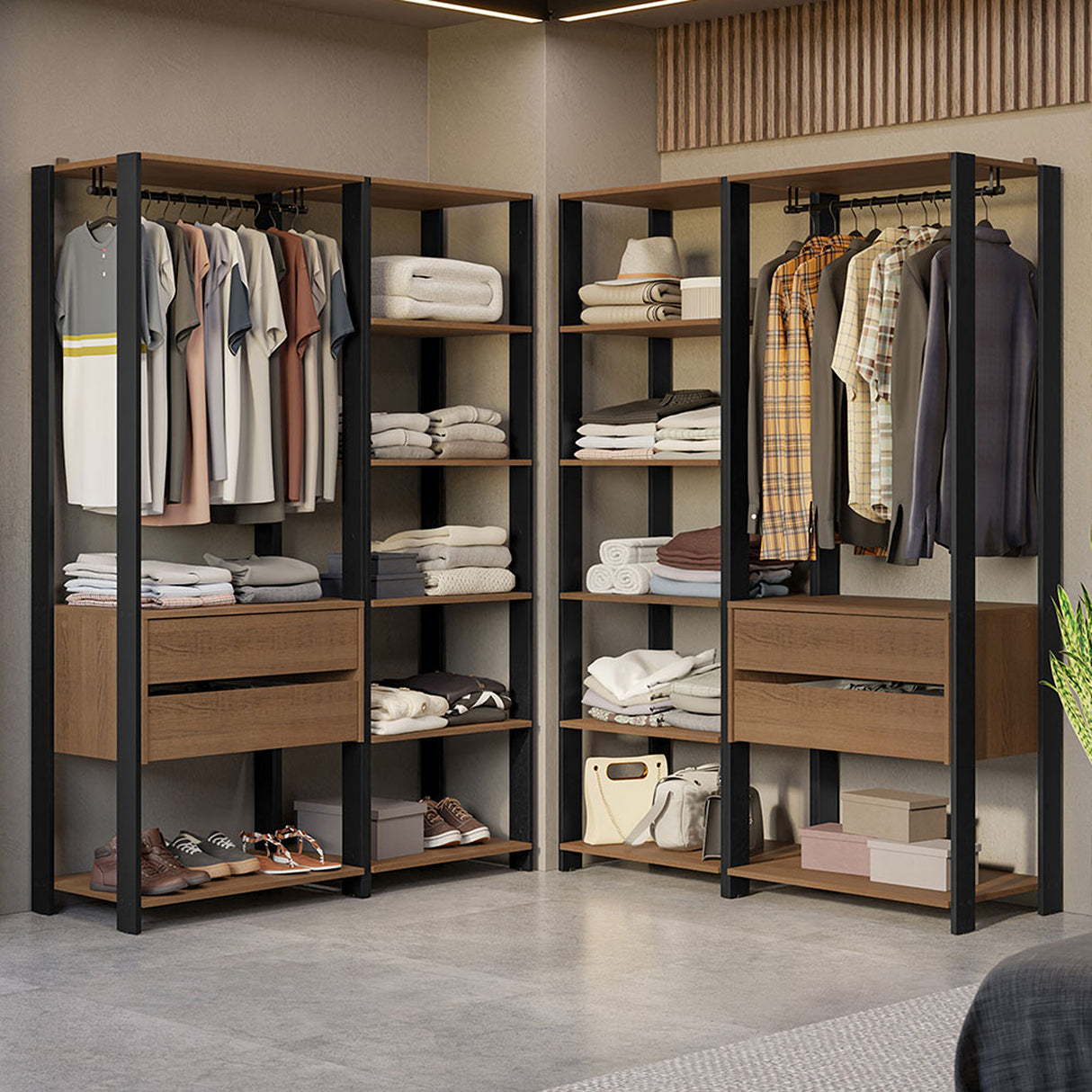 Closet Abierto Valencia Marron y Negro 358x180cm con Diez Entrepaños - CLOSETS | Bylmo