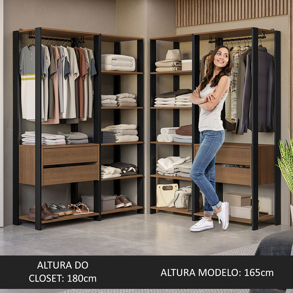 Closet Abierto Valencia Marron y Negro 358x180cm con Diez Entrepaños - CLOSETS | Bylmo