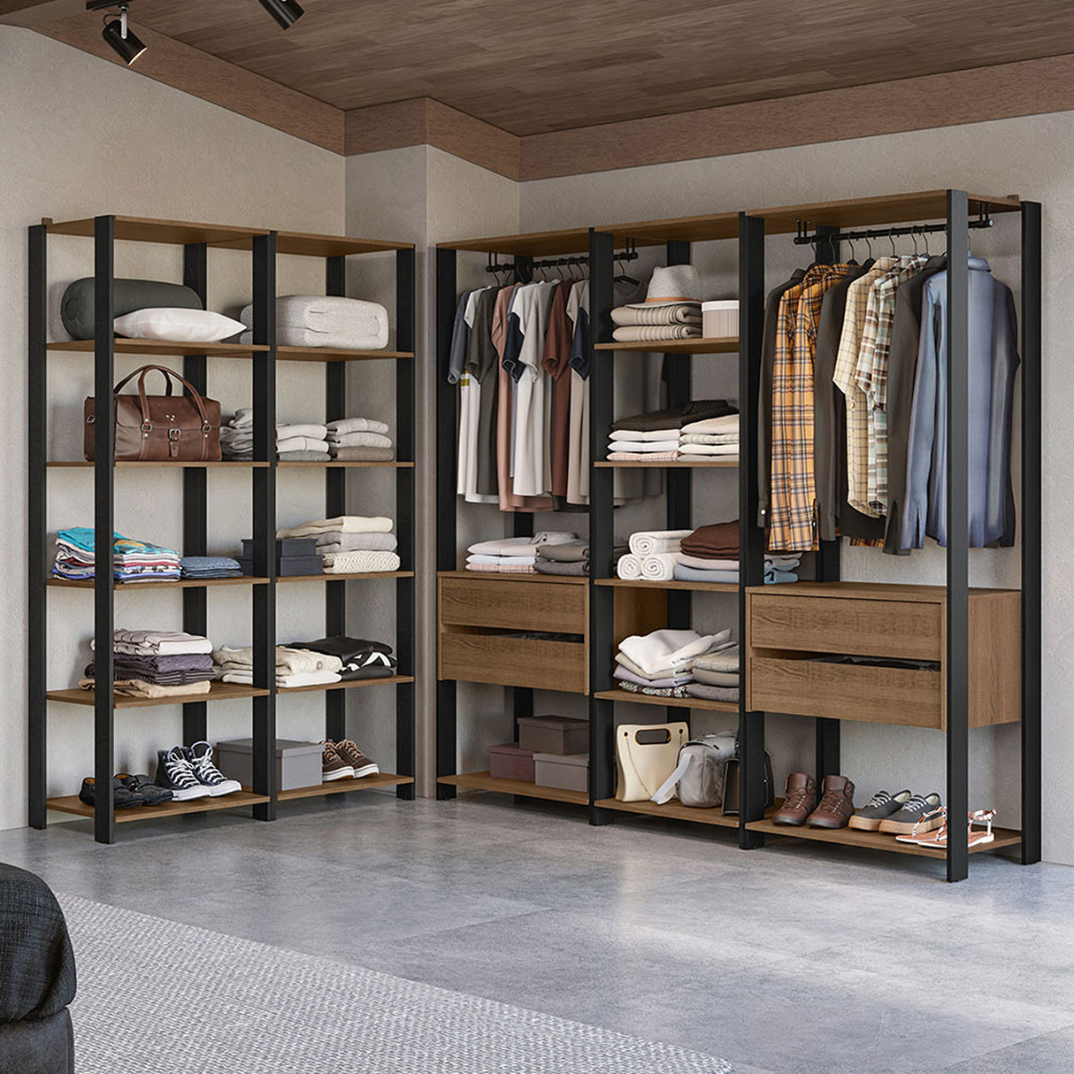 Closet Abierto Valencia Marron y Negro 417x180cm con Diez Entrepaños - CLOSETS | Bylmo