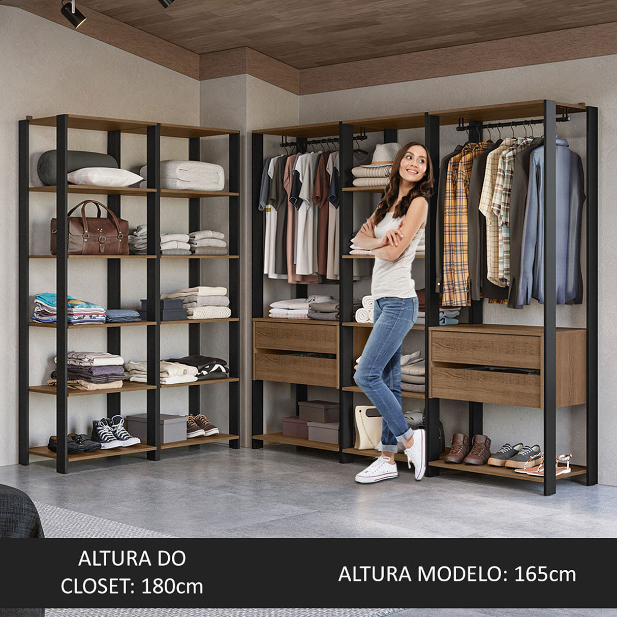Closet Abierto Valencia Marron y Negro 417x180cm con Diez Entrepaños - CLOSETS | Bylmo