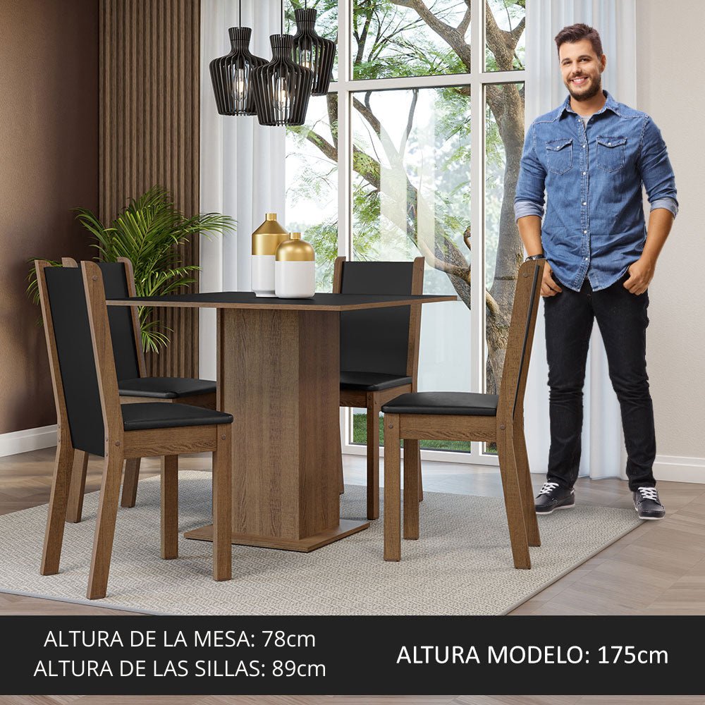 Combo Comedor y Sillas Alana Marron y Negro 90x78cm Cuadrado de Cuatro Puestos con Cuatro Sillas - COMEDORES | Bylmo