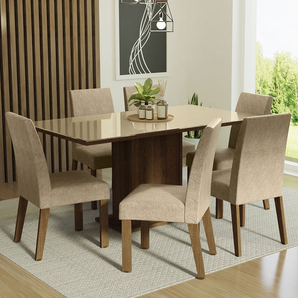 Combo Comedor y Sillas Alexis Marron y Crema 160x80cm Cuadrado de Seis Puestos con Seis Sillas - COMEDORES | Bylmo