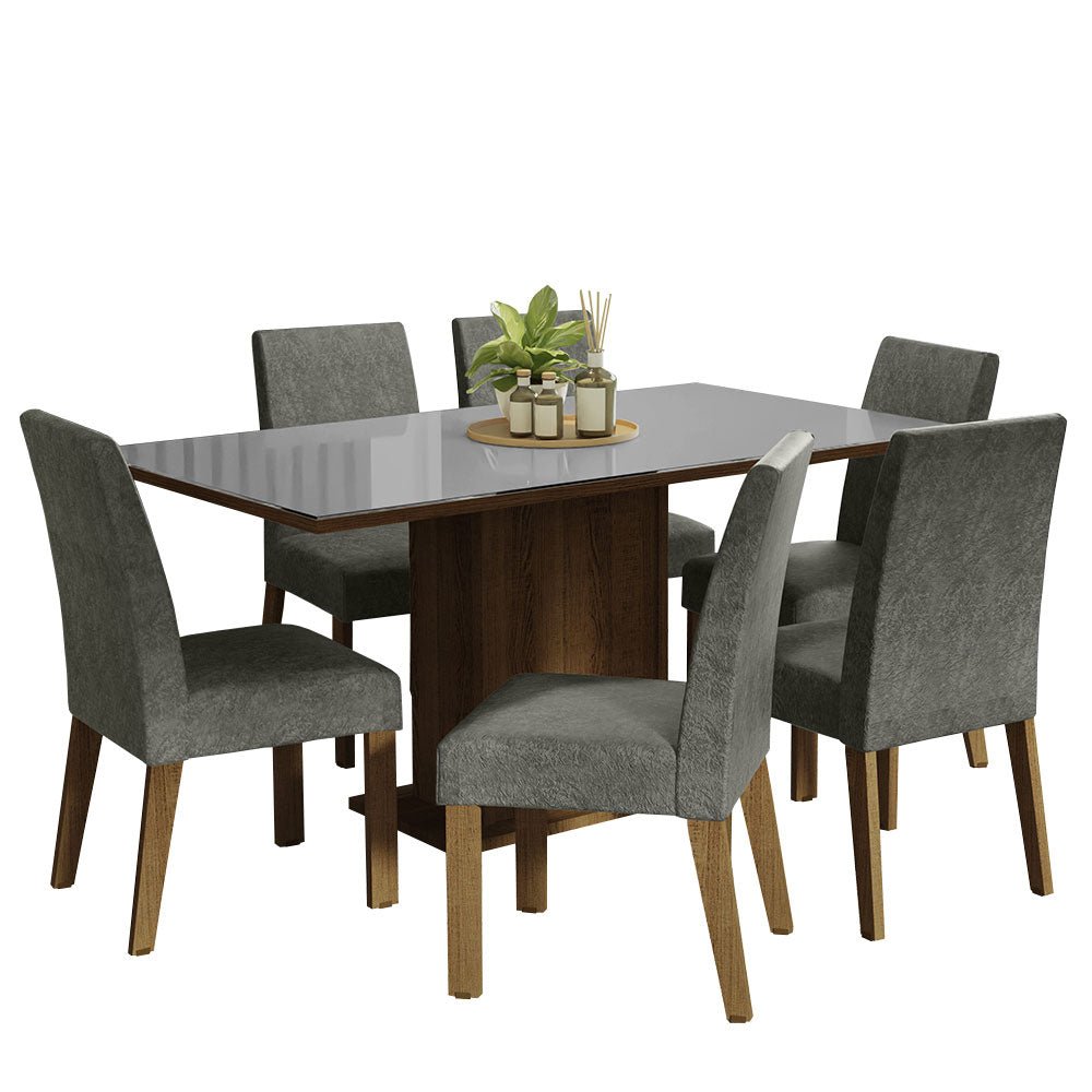Combo Comedor y Sillas Alexis Marron con Gris y Plata 160x80cm Cuadrado de Seis Puestos con Seis Sillas - COMEDORES | Bylmo