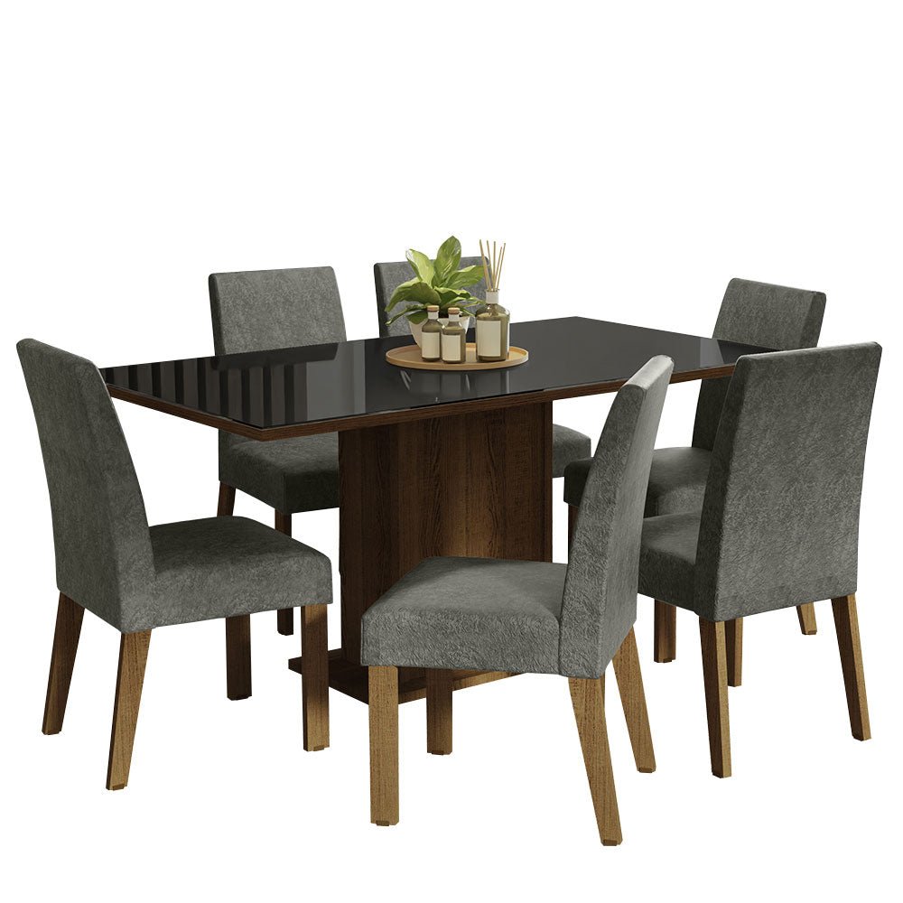 Combo Comedor y Sillas Alexis Marron con Negro y Plata 160x80cm Cuadrado de Seis Puestos con Seis Sillas - COMEDORES | Bylmo