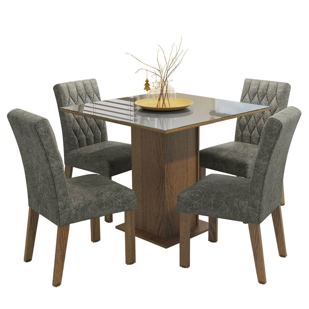 Combo Comedor y Sillas Anaju Marron con Gris y Plata 90x78cm Cuadrado de Cuatro Puestos con Cuatro Sillas - COMEDORES | Bylmo