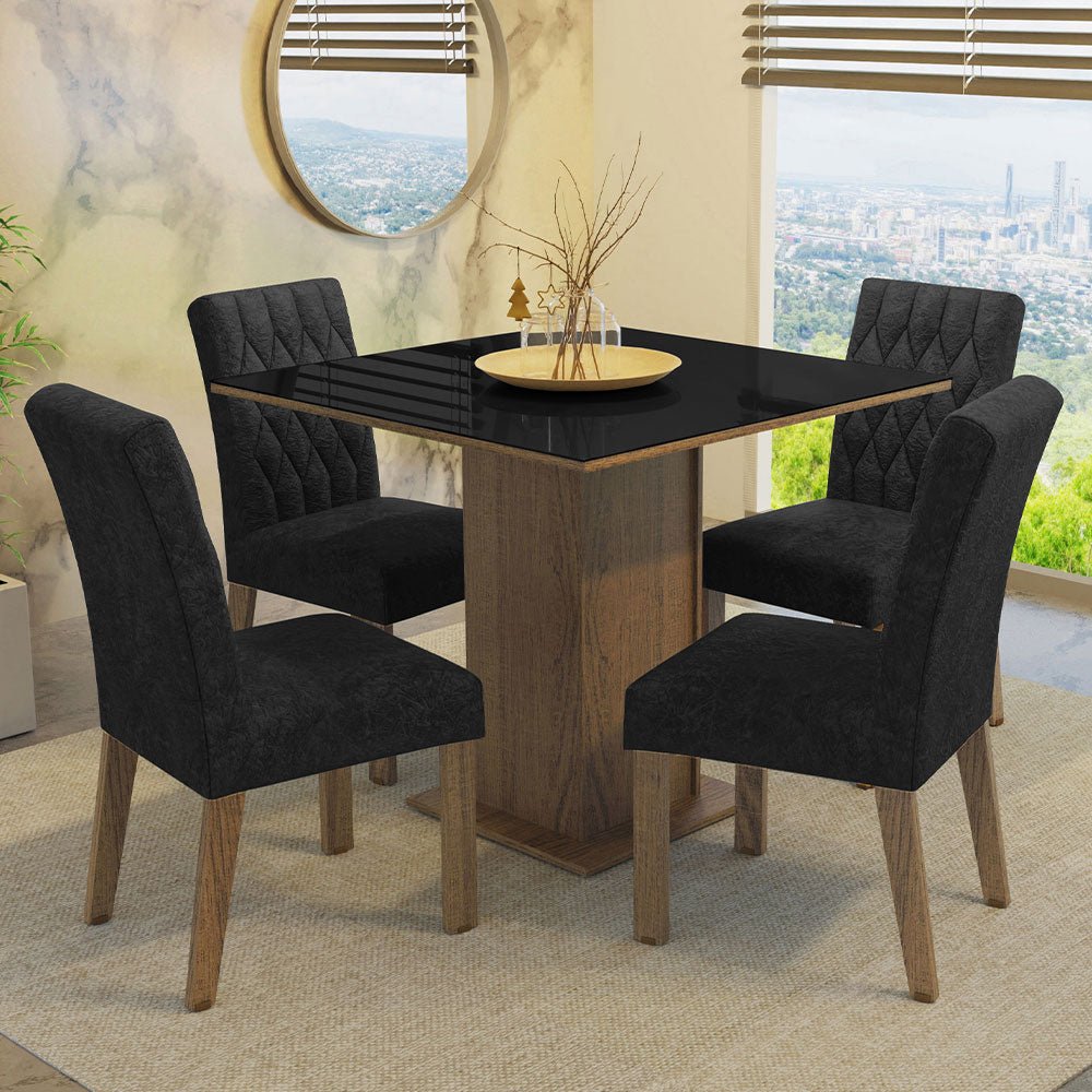 Combo Comedor y Sillas Anaju Marron y Negro Oxford 90x78cm Cuadrado de Cuatro Puestos con Cuatro Sillas - COMEDORES | Bylmo