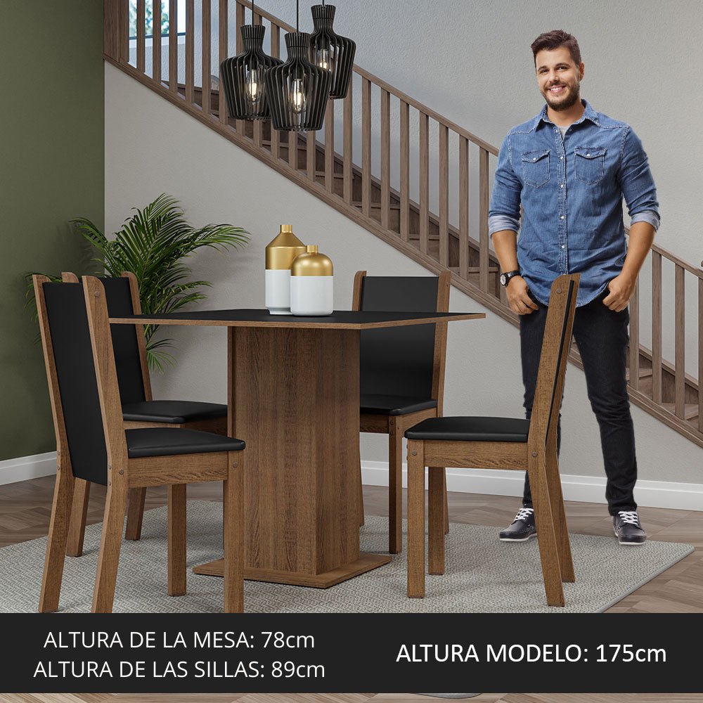 Combo Comedor y Sillas Briana Marron y Negro 90x78cm Cuadrado de Cuatro Puestos con Cuatro Sillas - COMEDORES | Bylmo