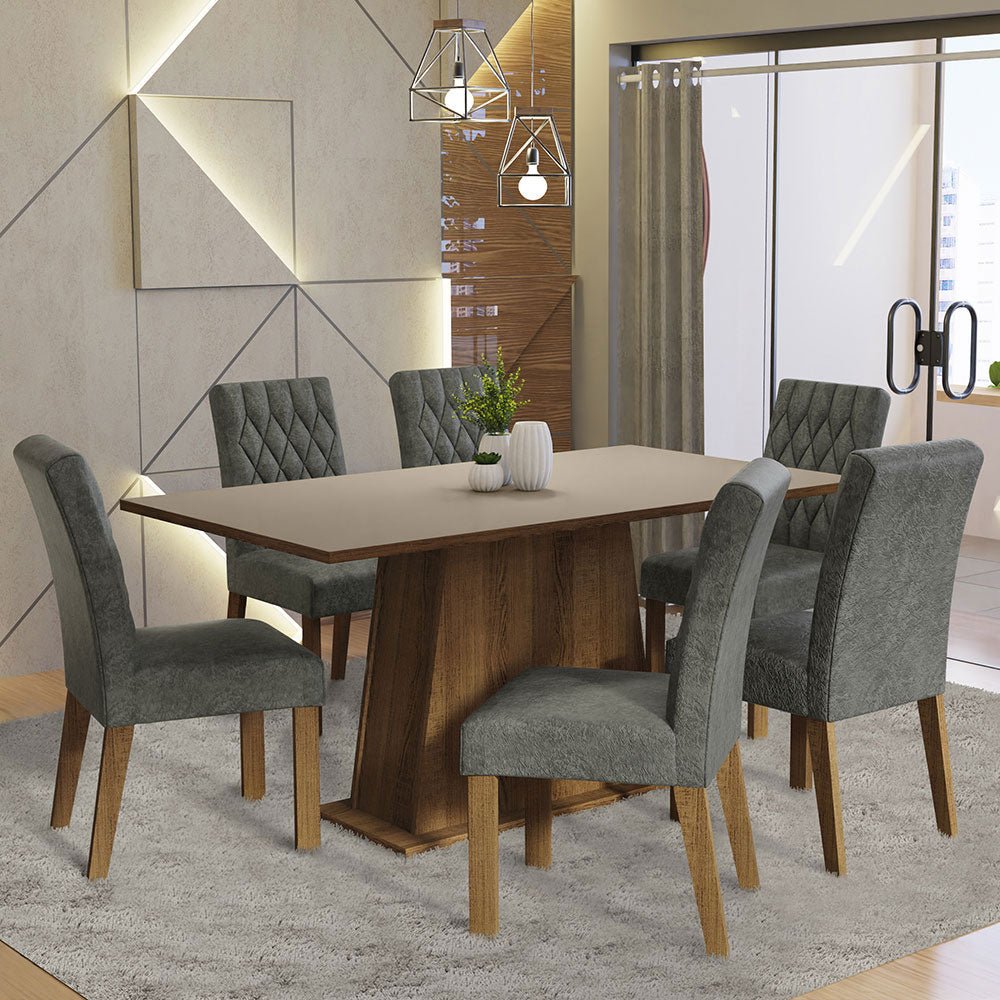 Combo Comedor y Sillas Britney Marron con Crema y Plata 160x79cm Cuadrado de Seis Puestos con Seis Sillas - COMEDORES | Bylmo