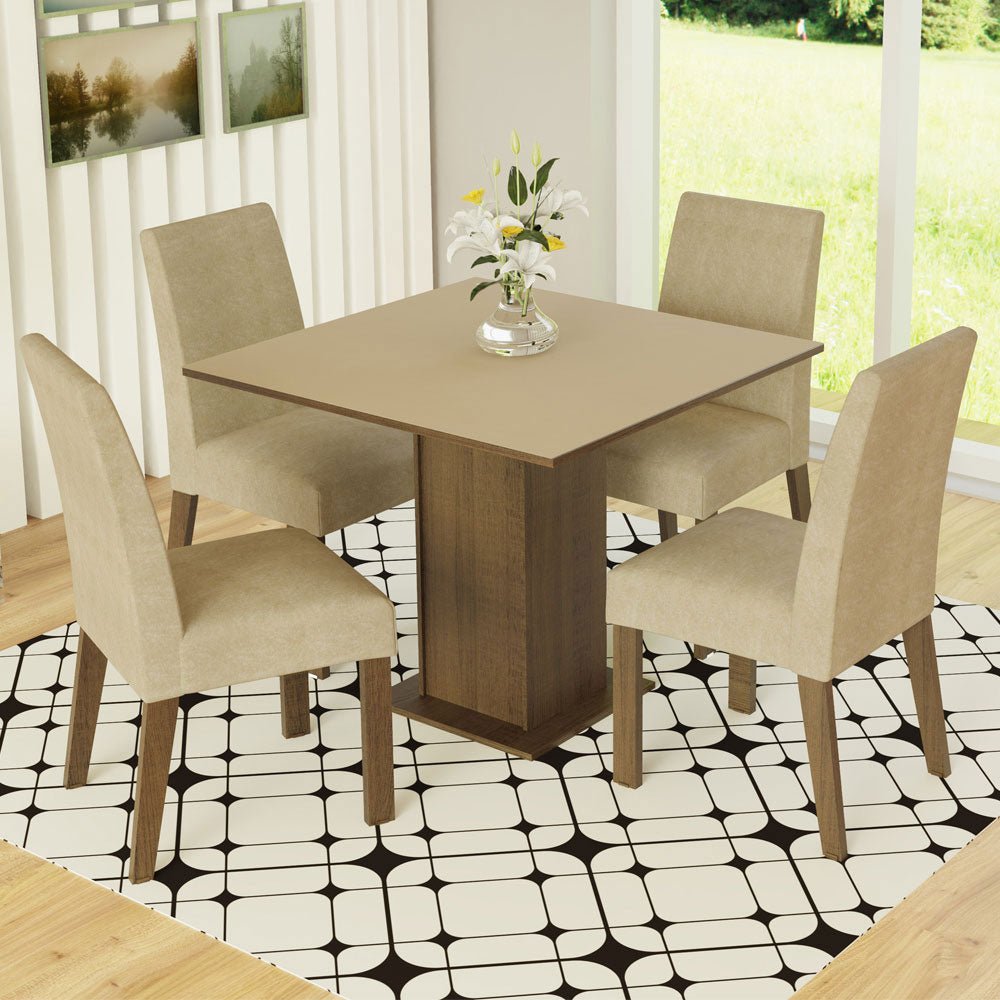 Combo Comedor y Sillas Deise Marron y Crema 90x78cm Cuadrado de Cuatro Puestos con Cuatro Sillas - COMEDORES | Bylmo