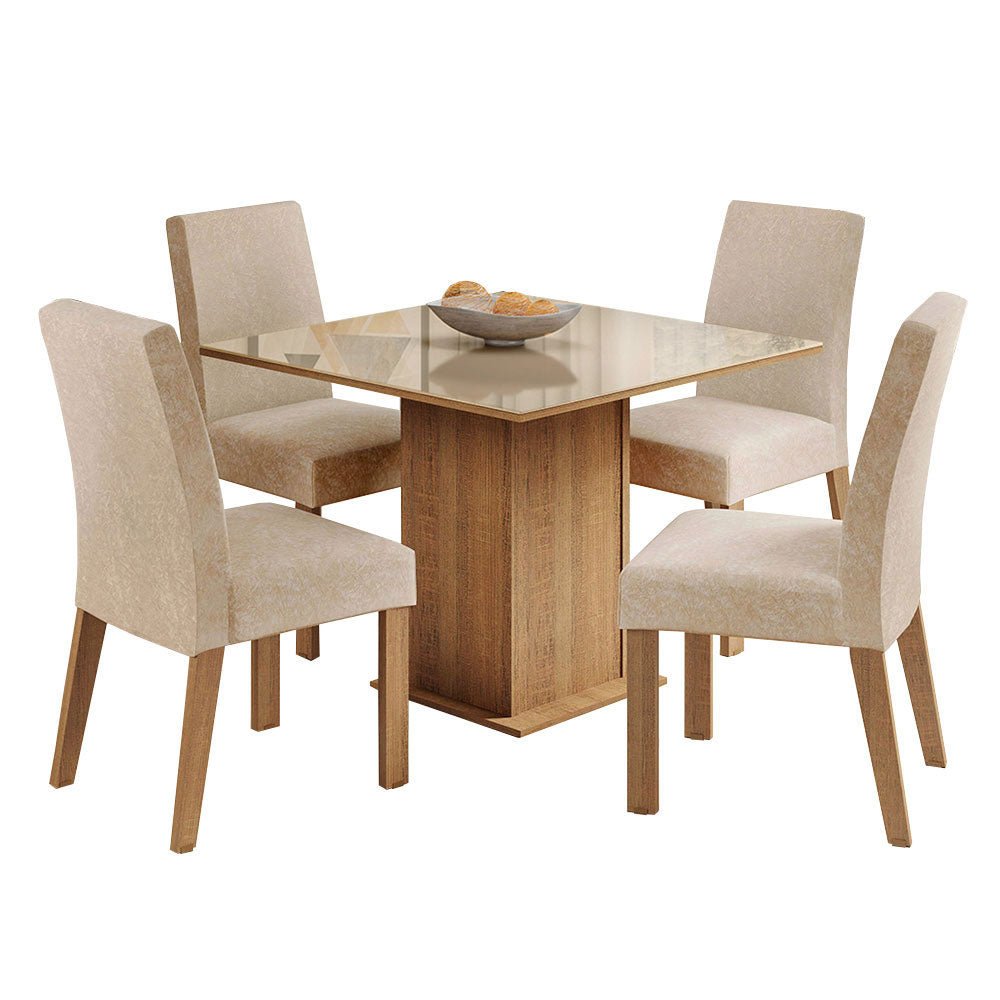 Combo Comedor y Sillas Evelin Marron y Crema 90x78cm Cuadrado de Cuatro Puestos con Cuatro Sillas - COMEDORES | Bylmo