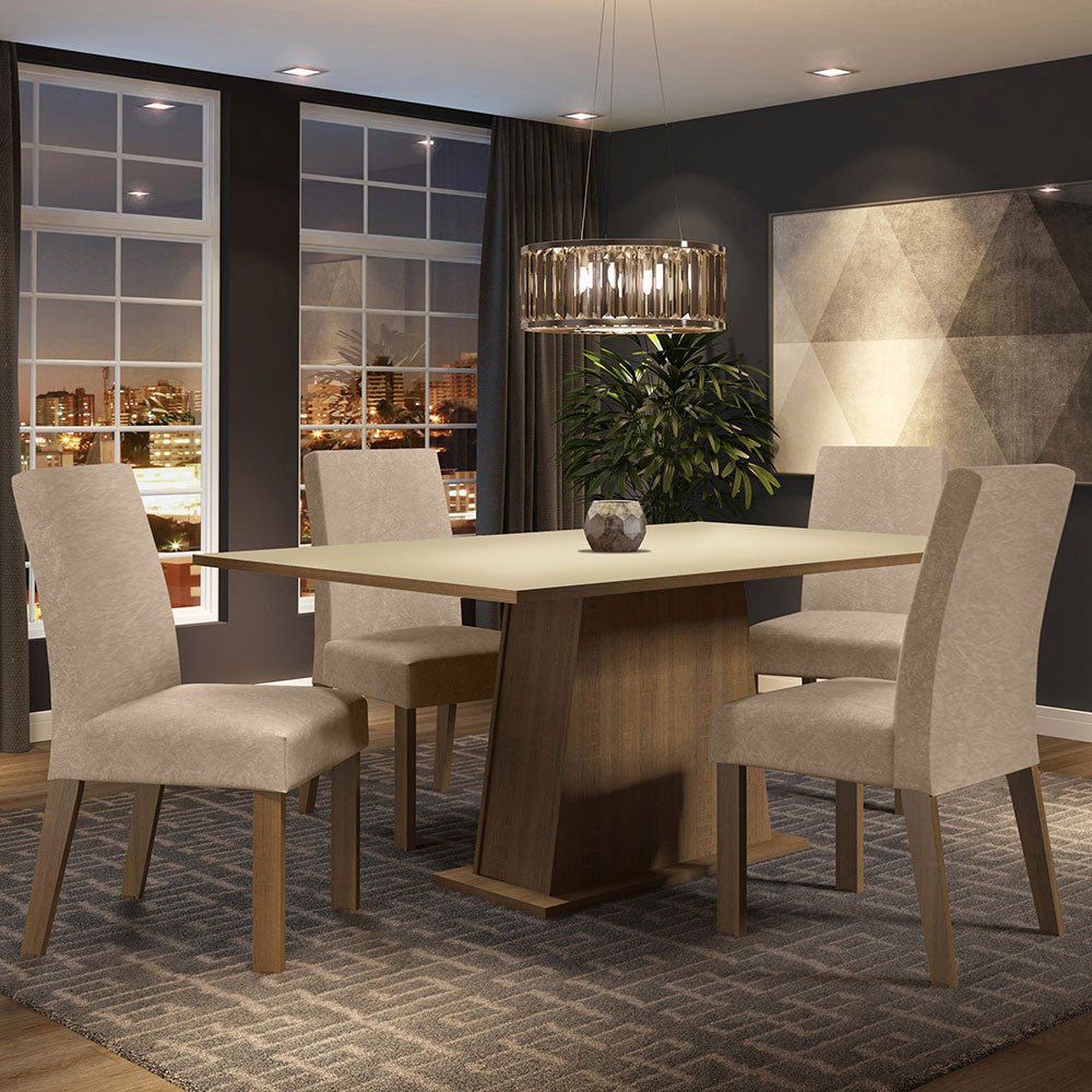 Combo Comedor y Sillas Flavia Marron y Crema 160x79cm Cuadrado de Cuatro Puestos con Cuatro Sillas - COMEDORES | Bylmo