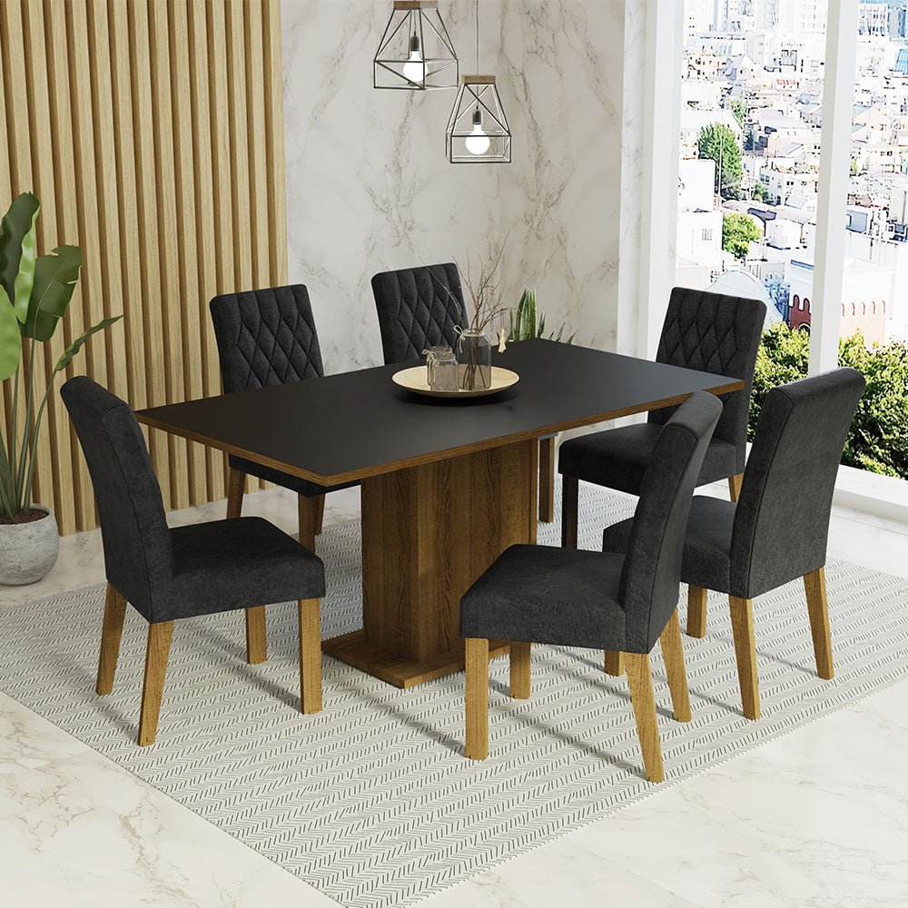 Combo Comedor y Sillas Hanna Marron y Negro Oxford 160x79cm Cuadrado de Seis Puestos con Seis Sillas - COMEDORES | Bylmo