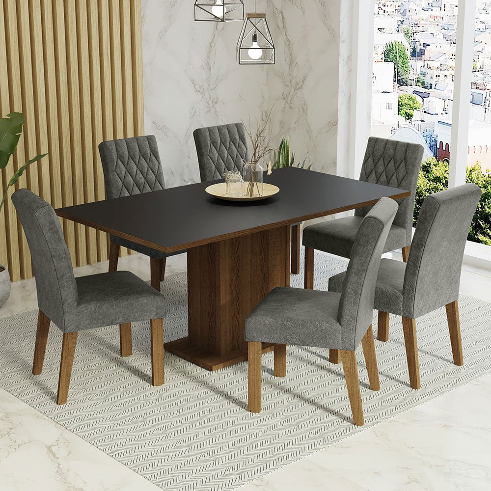 Combo Comedor y Sillas Hanna Marron con Negro y Plata 160x79cm Cuadrado de Seis Puestos con Seis Sillas - COMEDORES | Bylmo