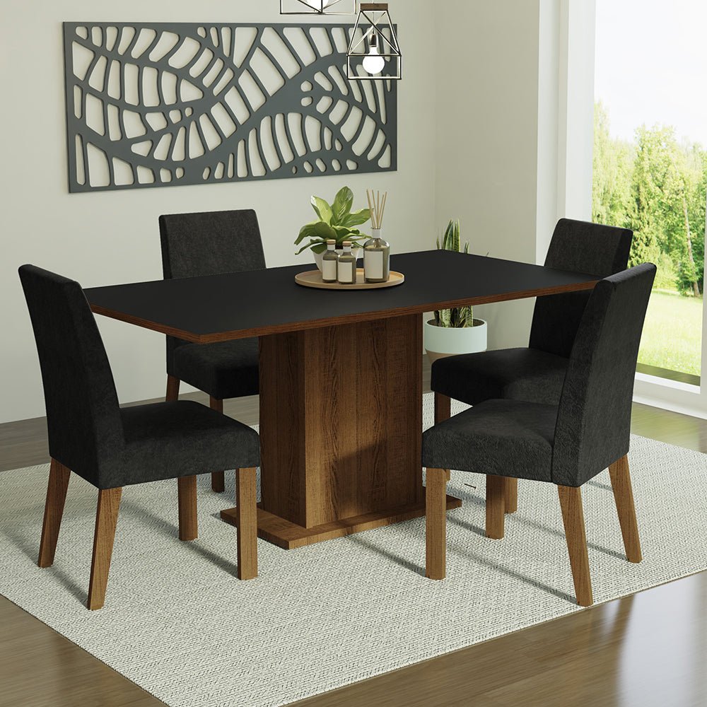 Combo Comedor y Sillas Keila Marron y Negro Oxford 160x79cm Cuadrado de Cuatro Puestos con Cuatro Sillas - COMEDORES | Bylmo