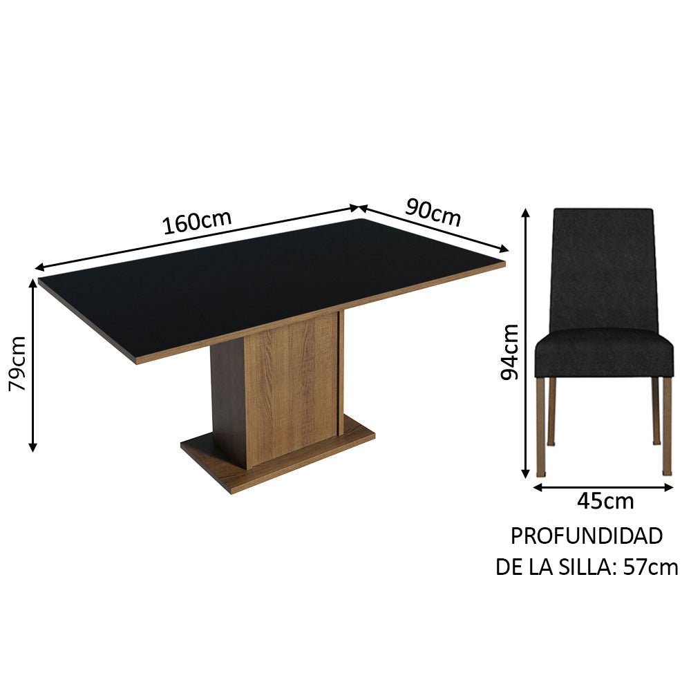 Combo Comedor y Sillas Keila Marron y Negro Oxford 160x79cm Cuadrado de Cuatro Puestos con Cuatro Sillas - COMEDORES | Bylmo