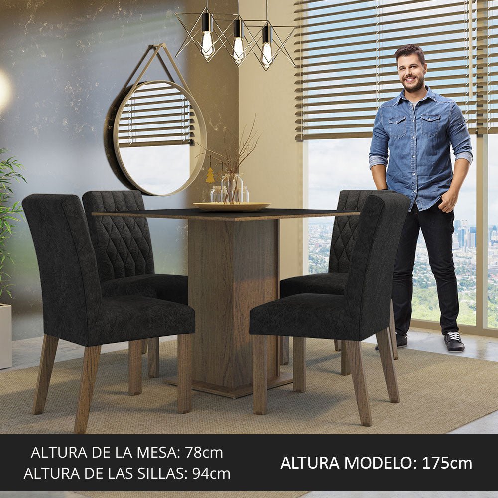 Combo Comedor y Sillas Livia Marron y Negro Oxford 90x78cm Cuadrado de Cuatro Puestos con Cuatro Sillas - COMEDORES | Bylmo
