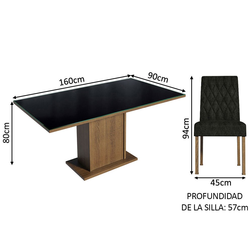 Combo Comedor y Sillas Marilia Marron y Negro Oxford 160x80cm Cuadrado de Cuatro Puestos con Cuatro Sillas - COMEDORES | Bylmo