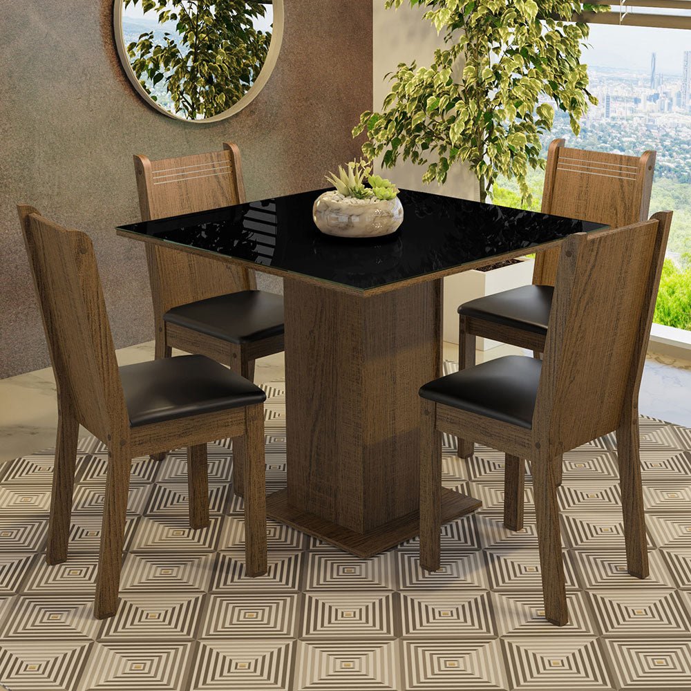 Combo Comedor y Sillas Perla Marron y Negro 90x78cm Cuadrado de Cuatro Puestos con Cuatro Sillas - COMEDORES | Bylmo