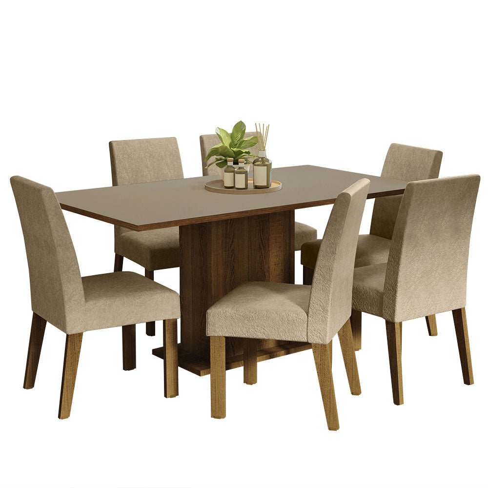 Combo Comedor y Sillas Renata Marron y Crema 160x79cm Cuadrado de Seis Puestos con Seis Sillas - COMEDORES | Bylmo