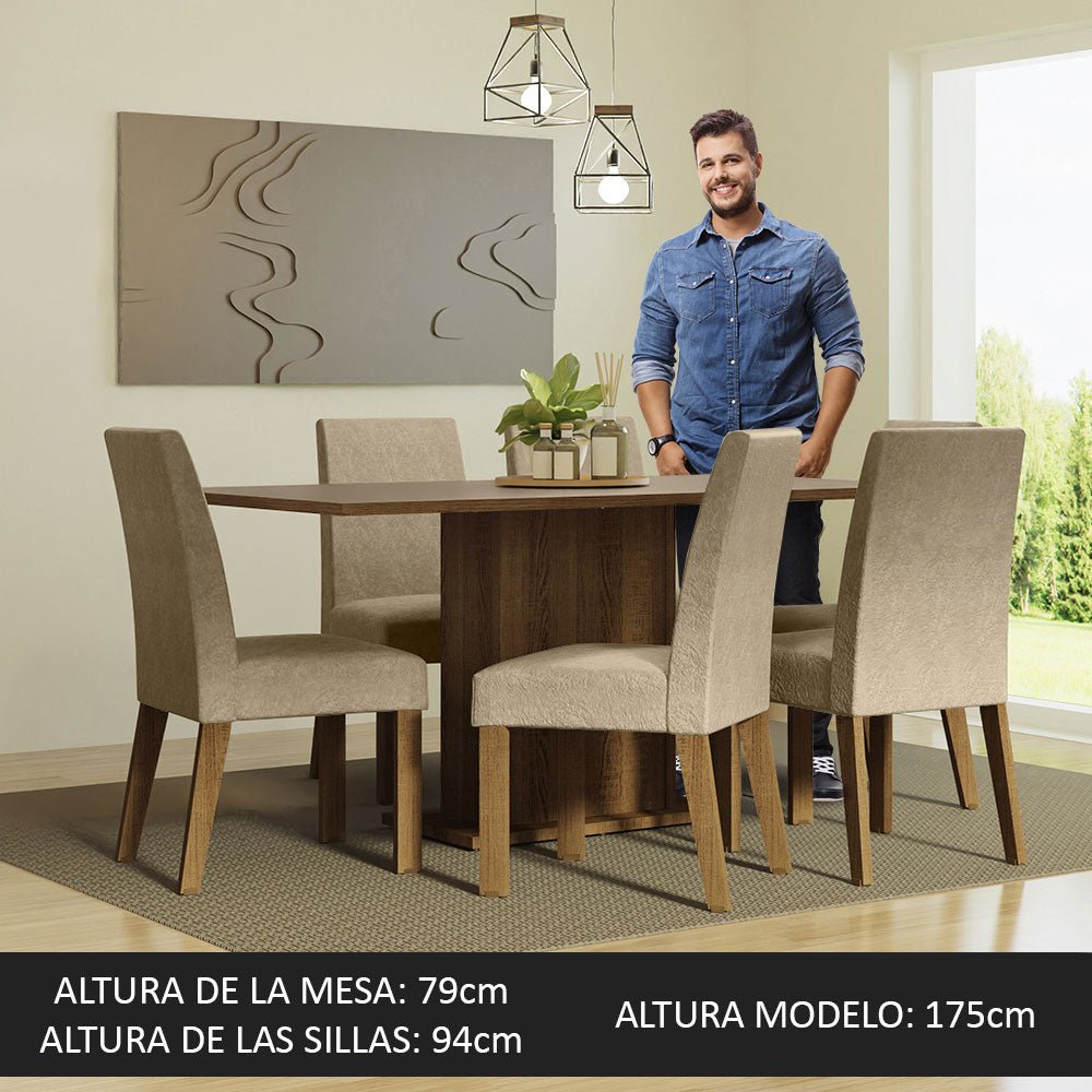 Combo Comedor y Sillas Renata Marron y Crema 160x79cm Cuadrado de Seis Puestos con Seis Sillas - COMEDORES | Bylmo