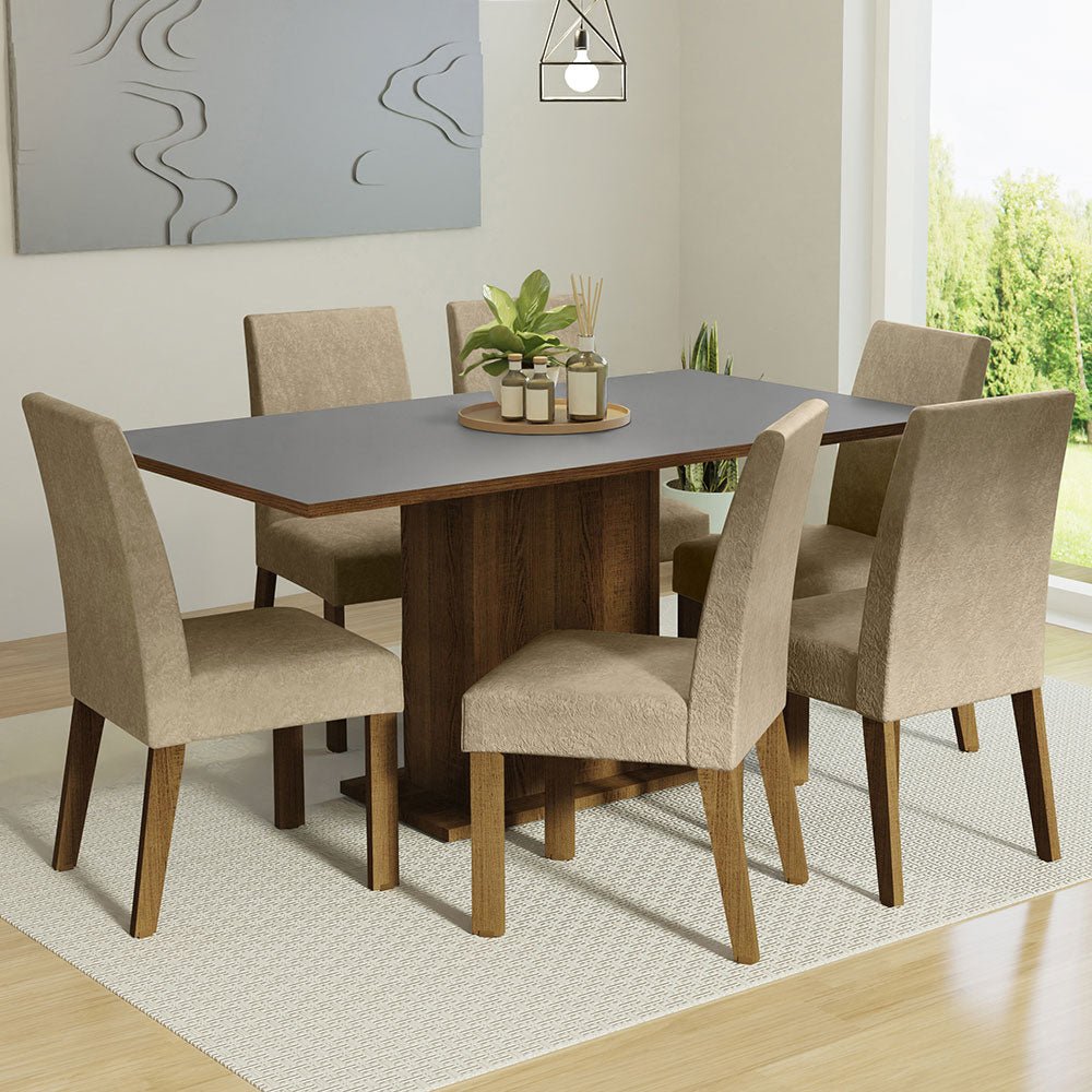 Combo Comedor y Sillas Renata Marron y Gris 160x79cm Cuadrado de Seis Puestos con Seis Sillas - COMEDORES | Bylmo