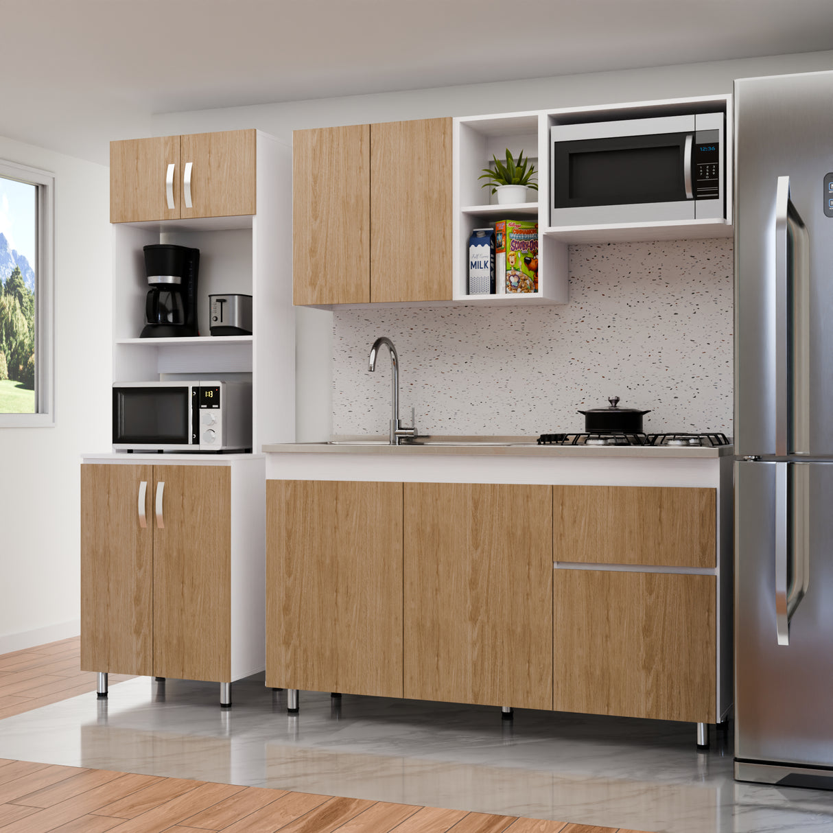 Cocina Integral Rosy Rovere 150x190cm Con Mesón y Pozuelo Lado Izquierdo - COCINAS | Bylmo