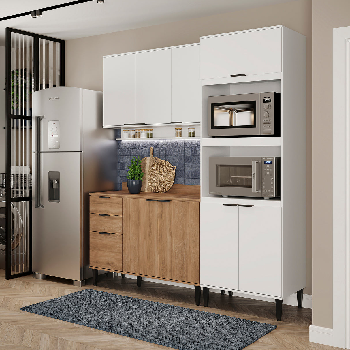 Cocina Integral Alpha Blanco y Freijo 120x80cm Con Mesón y Alacena Blanca Modular - COCINAS | Bylmo