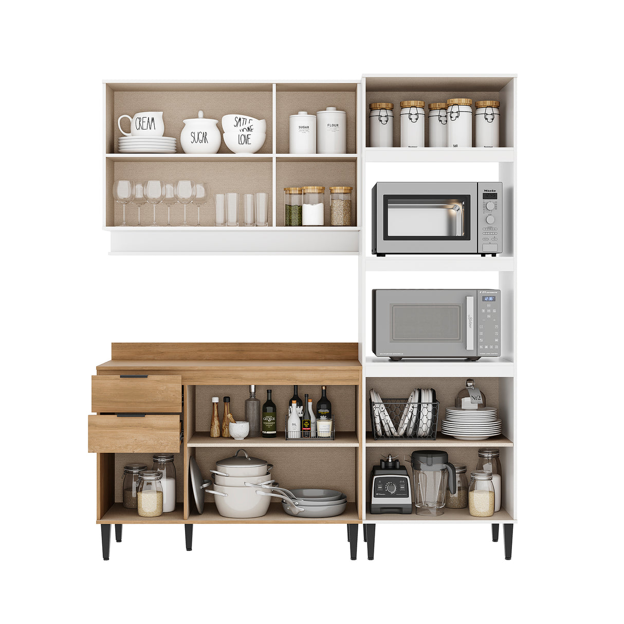 Cocina Integral Alpha Blanco y Freijo 120x80cm Con Mesón y Alacena Blanca Modular - COCINAS | Bylmo