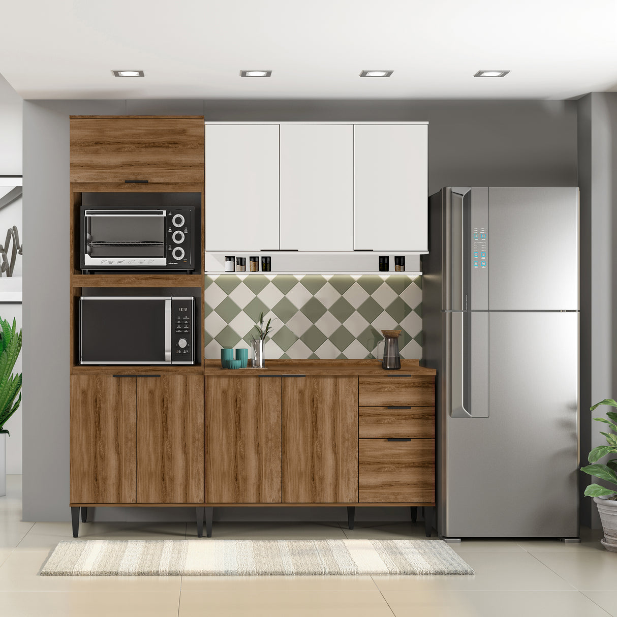 Cocina Integral Alpha Blanco y Freijo 120x80cm Con Mesón y Alacena Freijo Modular - COCINAS | Bylmo