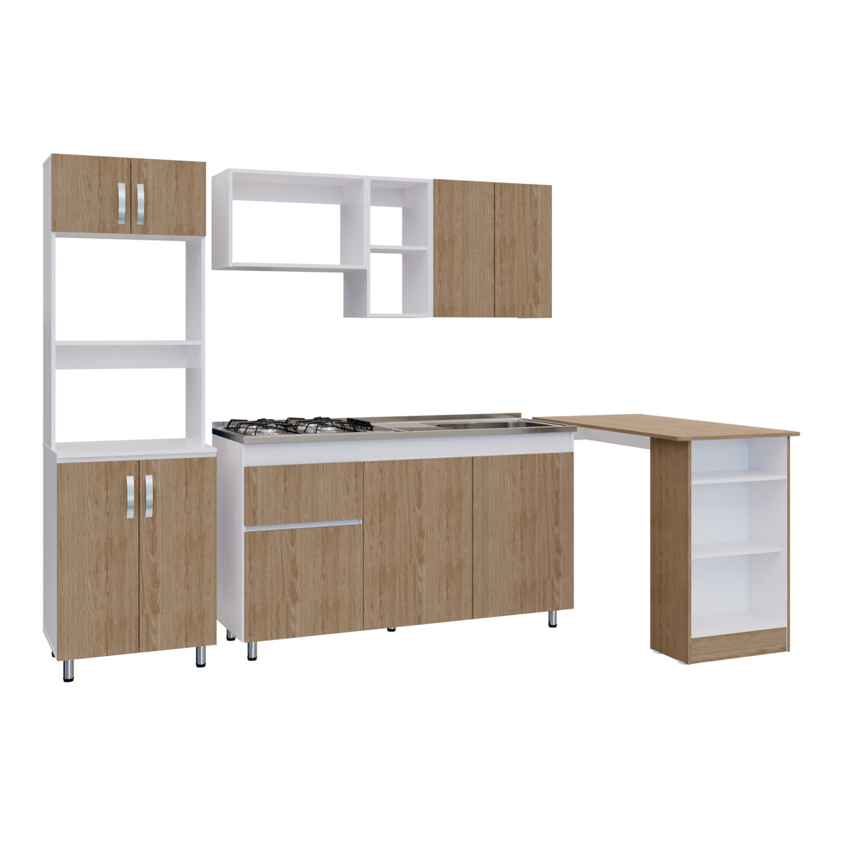 Cocina Integral Rosy Rovere 150x190cm Con Mesón y Con Barra Auxiliar Lado Derecha - COCINAS | Bylmo