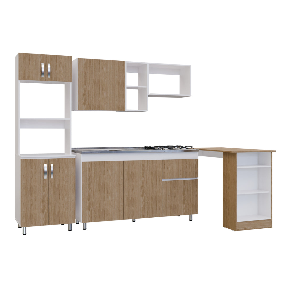 Cocina Integral Rosy Rovere 150x190cm Con Mesón y con Estufa y Barra Auxiliar Lado Derecho - COCINAS | Bylmo