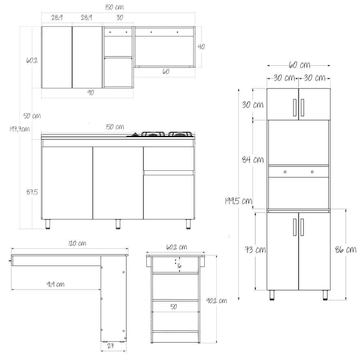 Cocina Integral Rosy Rovere 150x190cm Con Mesón y con Estufa y Barra Auxiliar Lado Derecho - COCINAS | Bylmo