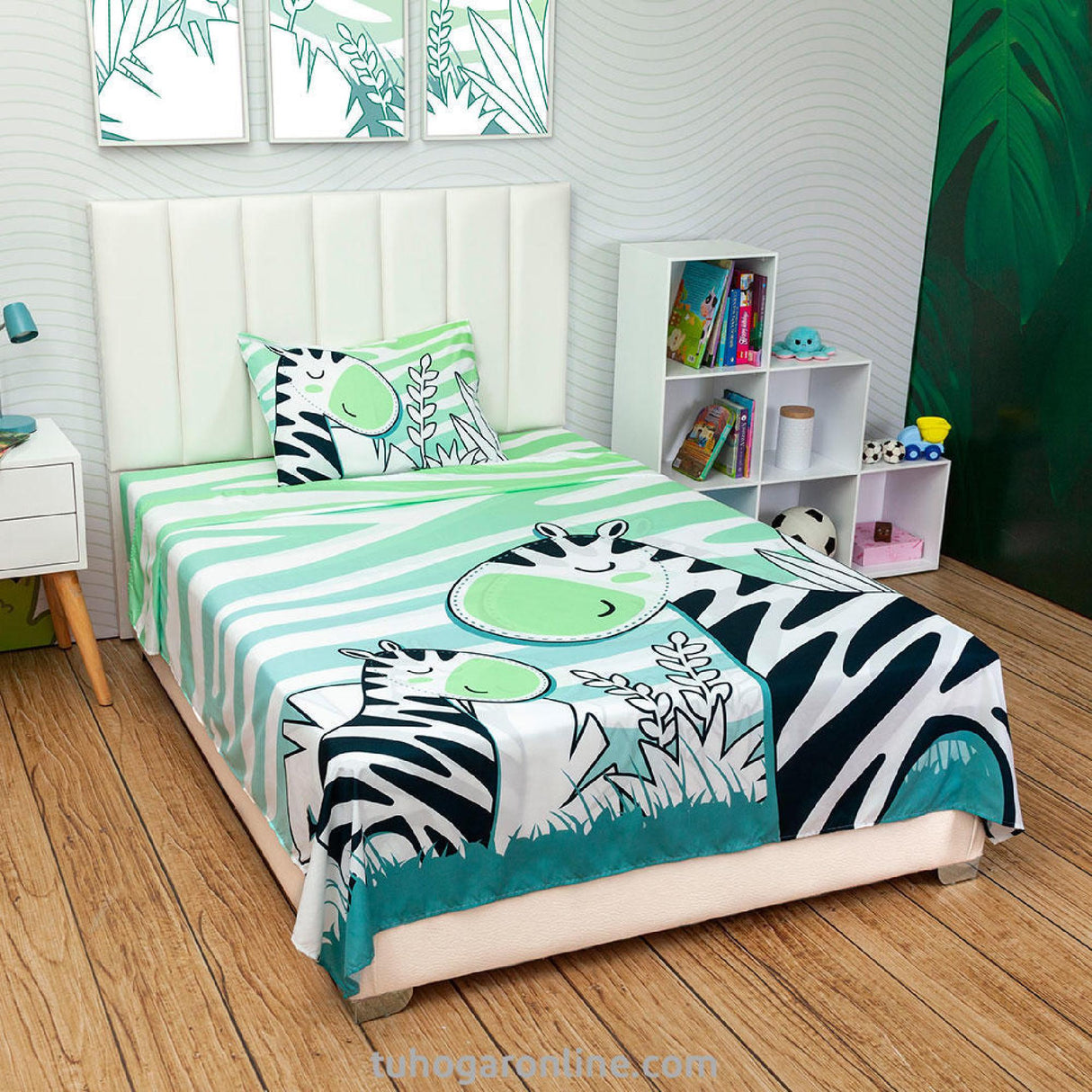 Sábana Infantil Zoo Cebras Blanco y Verde Para Cama Sencilla 100 X 190 Cm - SABANAS | Bylmo
