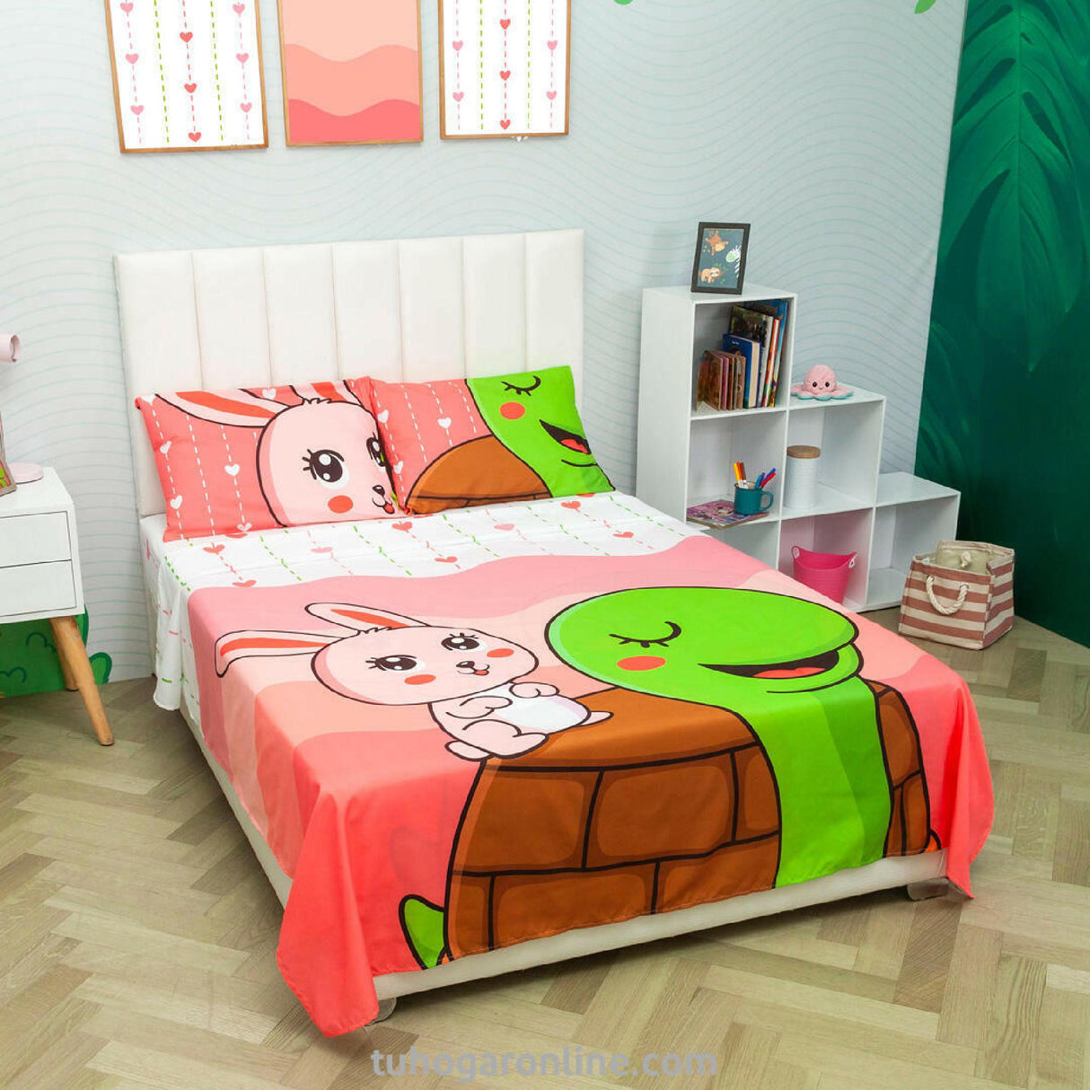 Sábana Infantil Zoo Tortugas y Conejos Rosado y Blanco Para Cama Semidoble 120 X 190 Cm - SABANAS | Bylmo