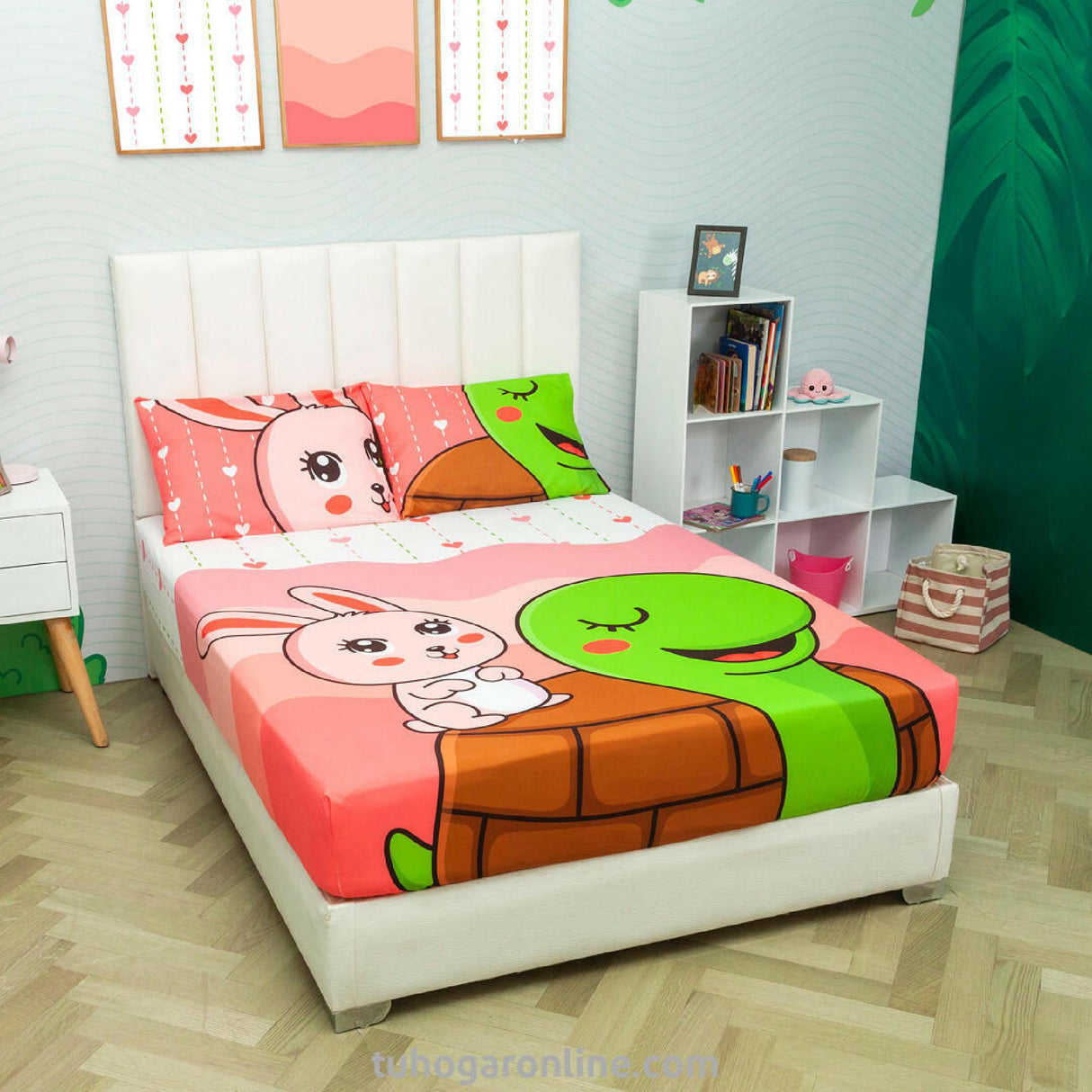 Sábana Infantil Zoo Tortugas y Conejos Rosado y Blanco Para Cama Semidoble 120 X 190 Cm - SABANAS | Bylmo