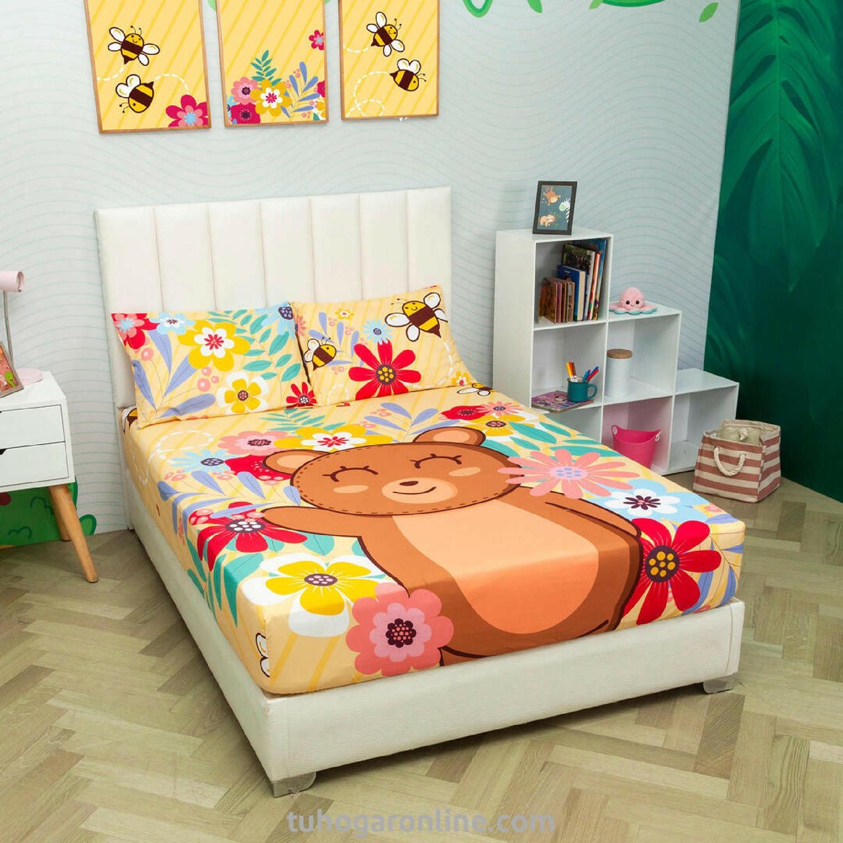 Sábana Infantil Zoo Oso Y Rosas Amarillo Para Cama Sencilla 100 X 190 Cm - SABANAS | Bylmo