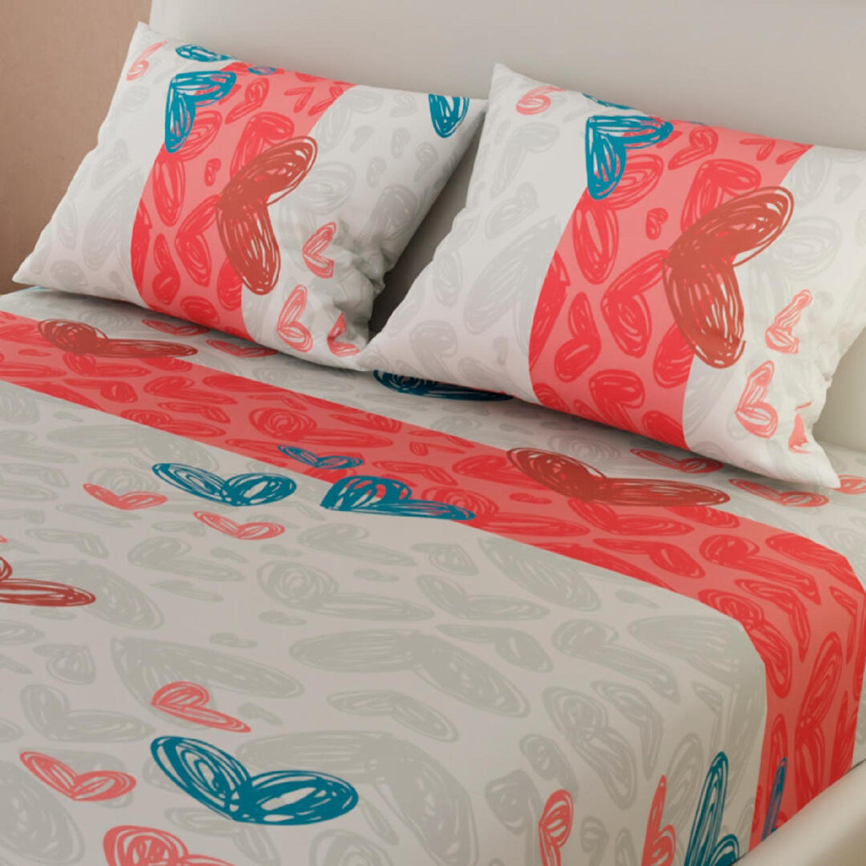 Sábana Ajustable Corazones Gris Para Cama Doble 140 X 190 Cm - SABANAS | Bylmo