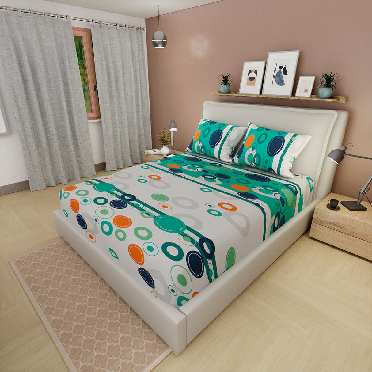 Sábana Ajustable Círculos Verde Aguamarina y Blanco Para Cama Doble 140 X 190 Cm - SABANAS | Bylmo