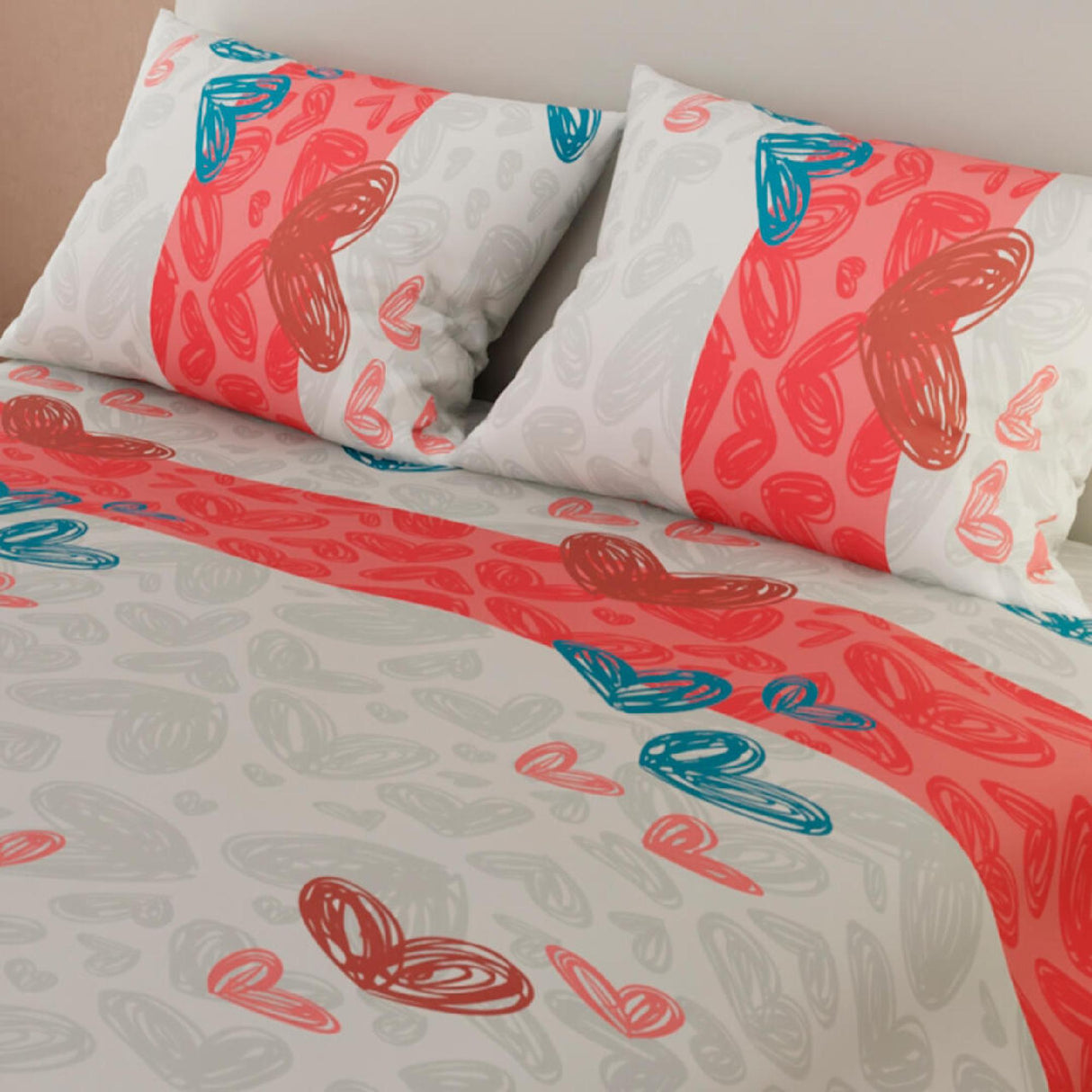 Juego de Sábanas Corazones Gris y Rojo Para Cama Doble 140 X 190 Cm - SABANAS | Bylmo