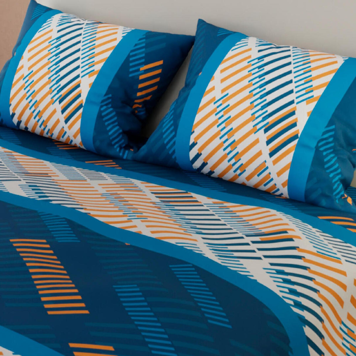 Combo Juego de Sabanas y Cortina Líneas Azul y Blanco Para Cama Doble 140 X 190 Cm - SABANAS | Bylmo