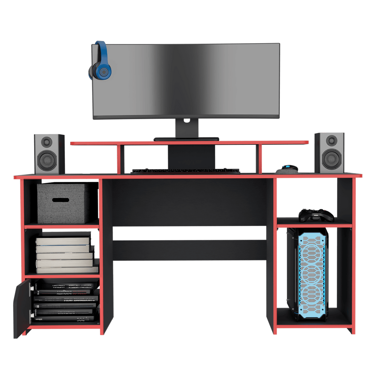 Escritorio Gamer Keria Wengue y Rojo 157.1x88.5cm Sin Cajones - ESCRITORIOS | Bylmo