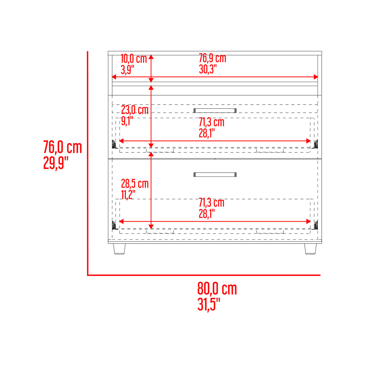 Cajonera Barilo Fresno Europeo y Wengue 80x76cm De Tres Hileras Con Patas - CAJONERAS Y COMODAS | Bylmo