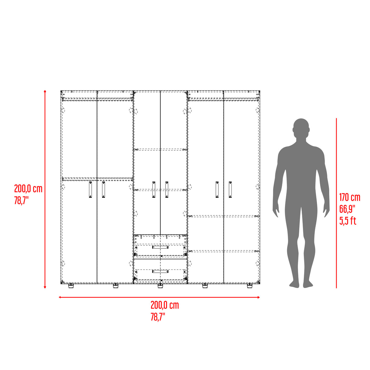 Closet Barilo Fresno Europeo y Wengue 200x200cm Con Dos Cajones y Cuatro Entrepaños - CLOSETS | Bylmo