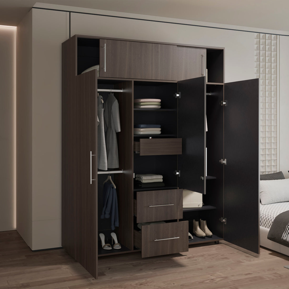 Closet Bigaf Milan y Wengue 160x204cm Con Tres Cajones y Cuatro Entrepaños - CLOSETS | Bylmo