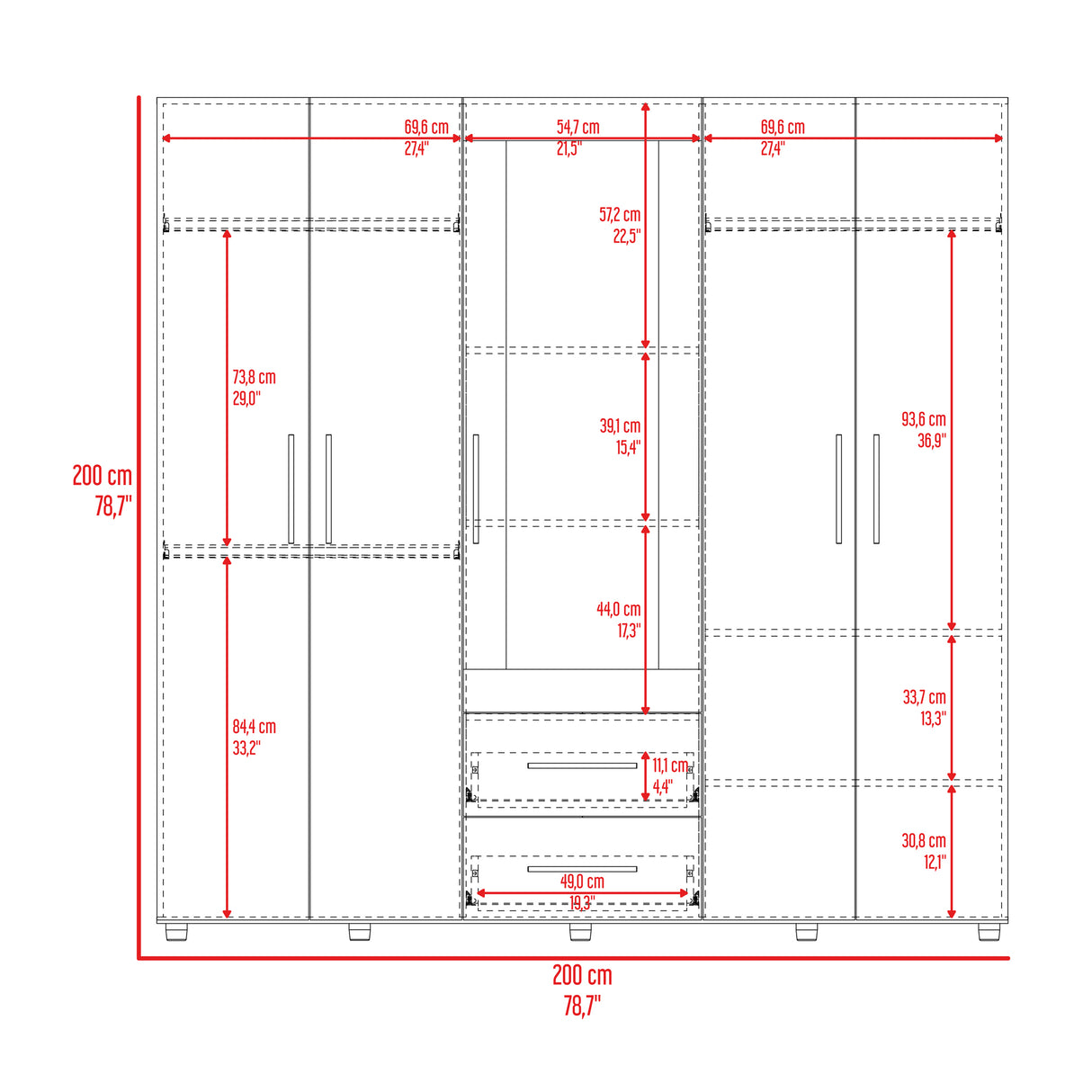Closet Bigaf Fresno Europeo y Blanco 200x200cm Con Dos Cajones y Cuatro Entrepaños y Espejo - CLOSETS | Bylmo